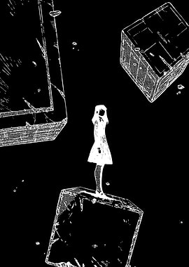 Girl on Cube in Abstract Space