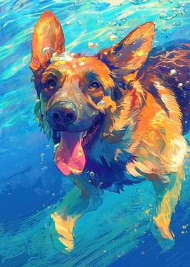 German Shepherd swimming underwater