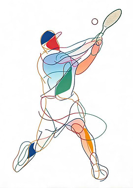 Abstract Tennis Player Swinging Racket Line Art