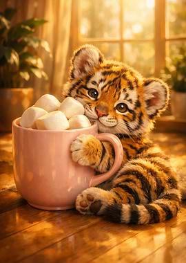 Cute Tiger Cub Holding A Cup Of Marshmallows