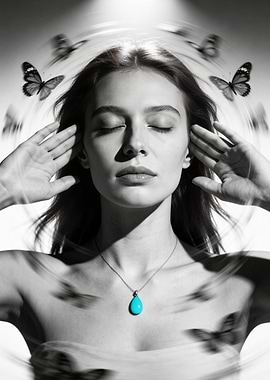 Woman with Butterflies and Turquoise Necklace