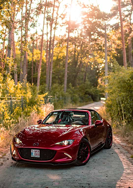 Red Mazda Miata Convertible in Forest