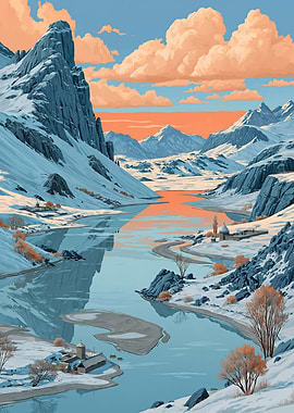 Snowy Mountain Landscape with River