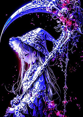 Anime Girl with Scythe and Flowers