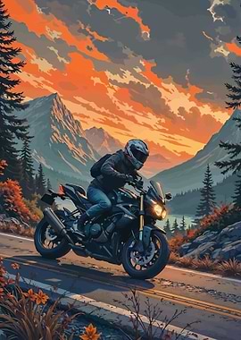 Motorcyclist riding through mountain landscape