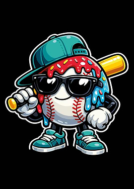 Melting Baseball Poster, Funny Sports Cartoon Art, Ice Cream Style Baseball Wall Print