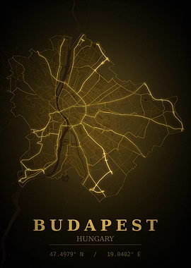 Budapest Gold City Map — Hungary Night Travel Poster