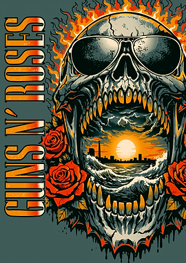 Guns N' Roses Skull with Sunset Cityscape