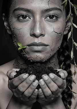 Woman with Cracked Earth and Sprout
