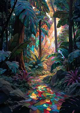 Enchanted Forest Path with Stained Glass Light