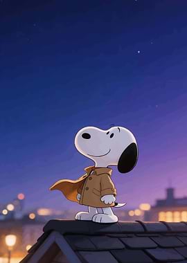 Snoopy on a rooftop at night