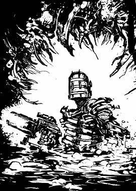 Isaac Clarke in a dark, alien environment