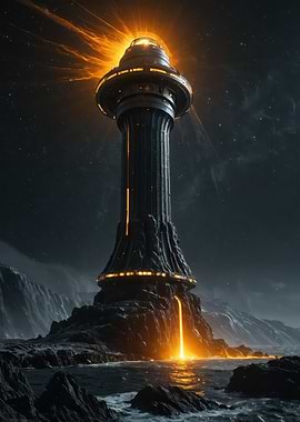 Molten Beacon — Futuristic Lighthouse Tower Amid Alien Coastline