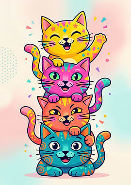 Stack of Colorful Cartoon Cats