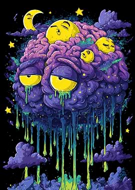 Surreal Brain with Moon and Stars
