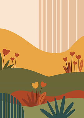 Abstract Autumn Landscape with Flowers