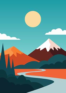 Minimalist Mountain Landscape with River
