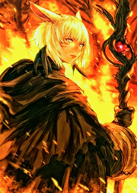 Anime character with staff in fire