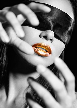 Woman with blindfold and gold lips