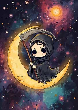 Chibi Grim Reaper on Crescent Moon