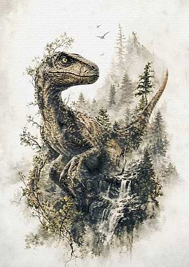 Raptor Dinosaur in Misty Forest Landscape