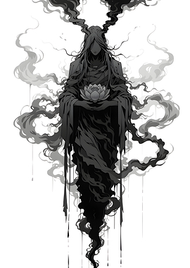 Shadow Guardian with Lotus — Monochrome Ethereal Illustration