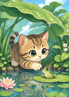 Cute Kitten and Frog in Nature