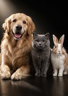 Dog, Cat, and Rabbit Posing Together