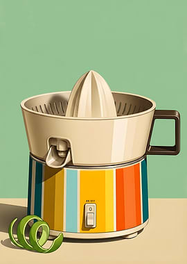 Mid-Century Modern Citrus Juicer Poster — Retro Kitchen Appliance Wall Art in Teal Orange & Yellow