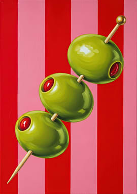 Three Green Olives on Skewers