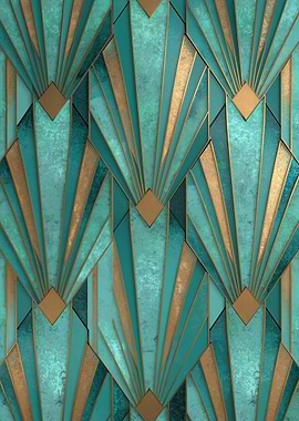 Art Deco Teal and Gold Fan Pattern