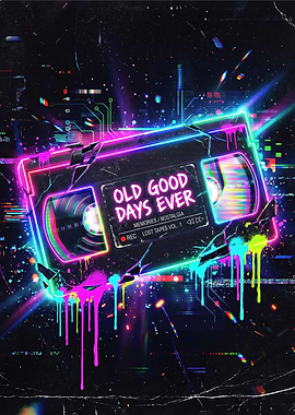 Retro VHS Tape with Neon Glitch Art