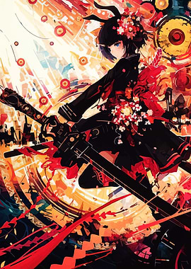 Anime Girl with Swords and Flowers