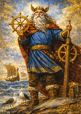 Viking God Njord with Helm and Ship