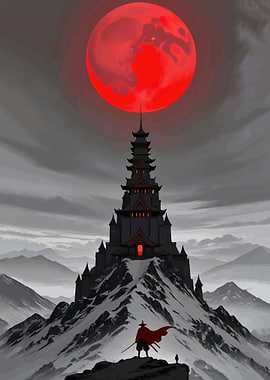 Samurai Castle Under Red Moon