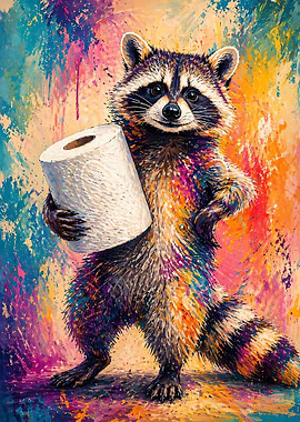 Colorful Raccoon Holding Toilet Paper