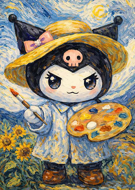Kuromi painting sunflowers in Van Gogh style