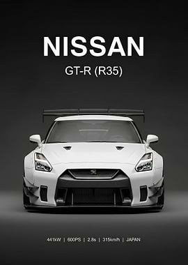 white sport Nissan GT-R R35 poster