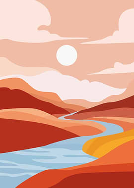 Desert Landscape with River and Sun