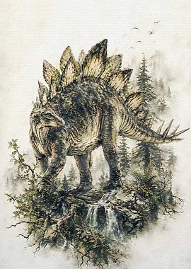 Stegosaurus in a Misty Forest