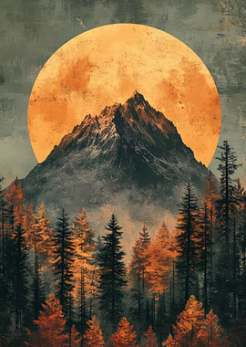 Mountain Peak Under Orange Moon