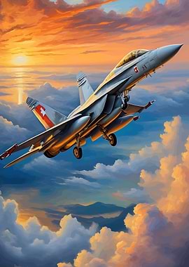Swiss F-18 Jet Ascending at Sunset