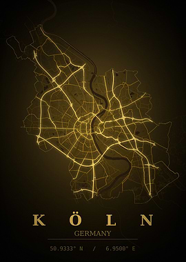 Cologne Gold City Map — Germany Night Travel Poster