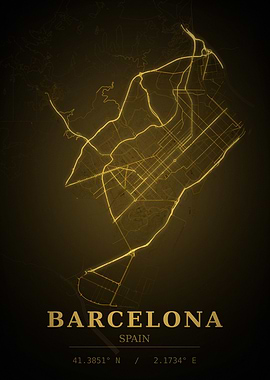 Barcelona Gold City Map — Spain Night Travel Poster