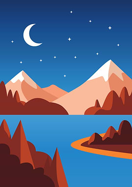 Night Mountains and Lake Landscape