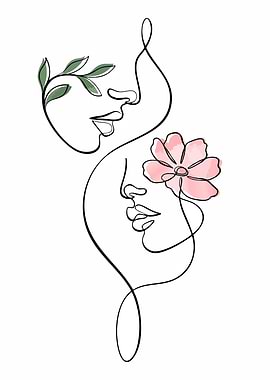 Abstract Line Art Faces with Flowers