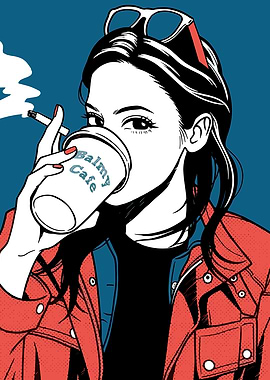 Woman smoking and drinking coffee