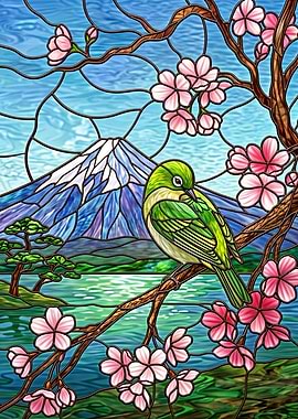 Stained Glass Bird and Cherry Blossoms