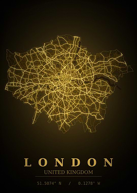 London Gold City Map — United Kingdom Night Travel Poster