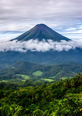 Volcano Erupting Over Lush Green Landscape